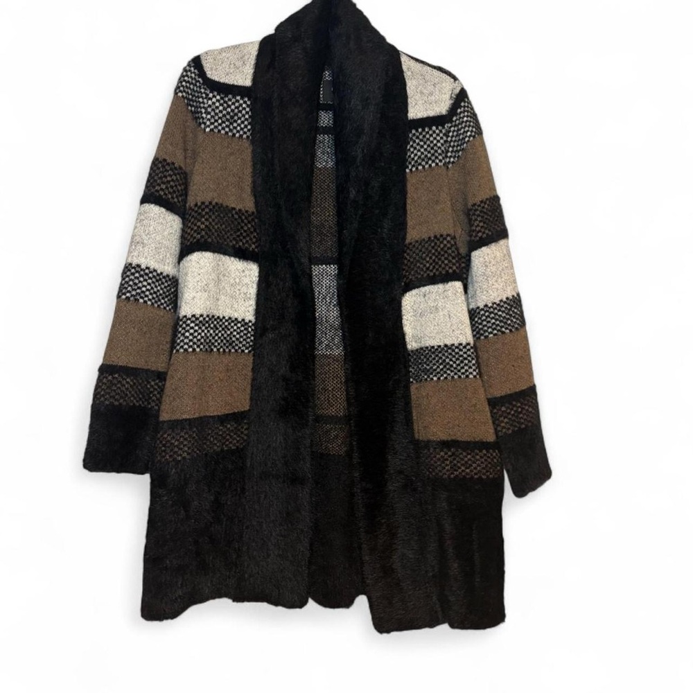 Liverpool Los Angeles Striped Open Front Faux Fur Cozy Sweater Cardigan